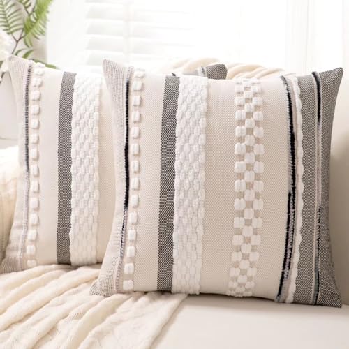 Boho Throw Pillow Covers 18x18 Set of 2 Farmhouse Decorative Cushion Case Striped Square Pillows Cover Chenille Pillow Cases Accent Neutral Pillowcase for Sofa Couch Bed,White - color: White Stripe