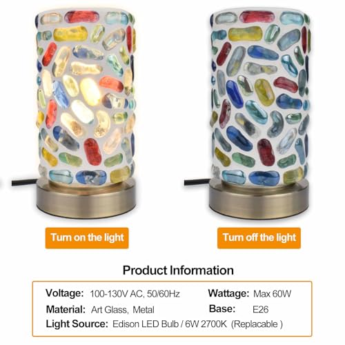 Handmade Turkish Mosaic Table Lamp, Cylinder Stained Pebbles Glass Pieces Nightlight with Antique Brass Base, Colorful Boho Accent Lamp for Bedroom, Living Room, Meditation Decor, LED Bulb Included - color: Pebble