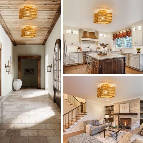 Rpzloila Rattan Ceiling Light, Gold Boho Light Fixture, Square Flush Mount Ceiling Light for Bedroom, Hallway, Entryway, Kitchen, Cabinet - color: Gold, size: 1-Light-Square