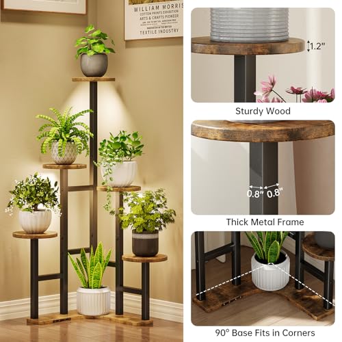 Yzosvki Corner Plant Stand Indoor with Grow Lights, 6 Tiered Corner Plant Shelf Flower Stand for Multiple Plants, Plant Shelves Organizer Rack for Living Room, Balcony, Patio, Round Rustic Brown - color: Round-Rustic Brown(with Lights), size: 6 Tier