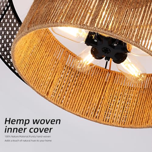 19.7" Black Bohemian Wicker Flush Mount Ceiling Light, Hand-Woven Double Layer Drum Semi-Flush Fixture for Bedroom, Living Room, Dining Room, Hallway & Kitchen - color: 19.7'' Rattan&Hemp rope Black