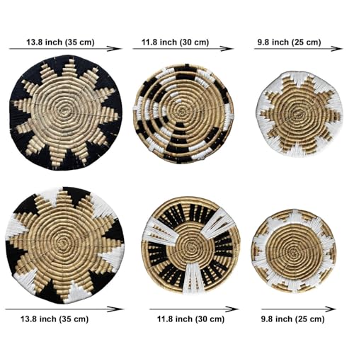 Laquedecraft Boho Wicker Rattan Plate Basket Set For Décor Hanging Wall | Large Woven Farmhouse Rustic Bohemian Art Baket Hangings For Decorative Home, Bedroom, Living Room, Kitchen, Bathroom (Art Deco, Natural, Set of 6) - size: Set of 6, style: Art Deco