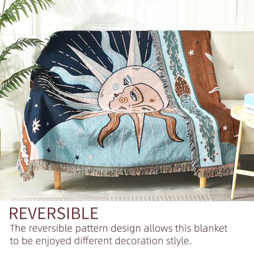 Throw Blanket for Couch, Throw for Bed, Quilt Tapestry, Retro Decor,51"×70" All Season Soft Rustic Blankets with Tassels for Sofa Chair, Drak and Sky Blue Brown Sun Pattern - color: Drak and Sky Blue Brown Sun Pattern, size: 51"×63"
