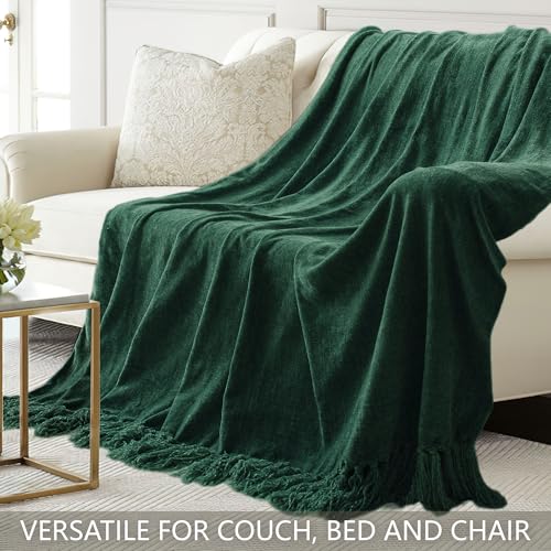Chenille Throw Blanket for Couch 60"X 80" Twin, Soft Cozy Throws with Fringe Tassel for Bed Sofa Chair Cover, Lightweight Knitted Decorative Boho Blankets for Living Room, Dark Green - color: Dark Green, size: 60x80 inch