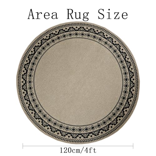 Round Easy Jute Rug 4Ft Boho Carpet for Farmhouse Cottage Bedroom Living Room Entryway Balcony Patio, Circle Black Geometric Washable Low Pile Thin Floor Mat, Indoor Outdoor Home Decor - color: Boho, size: 4'