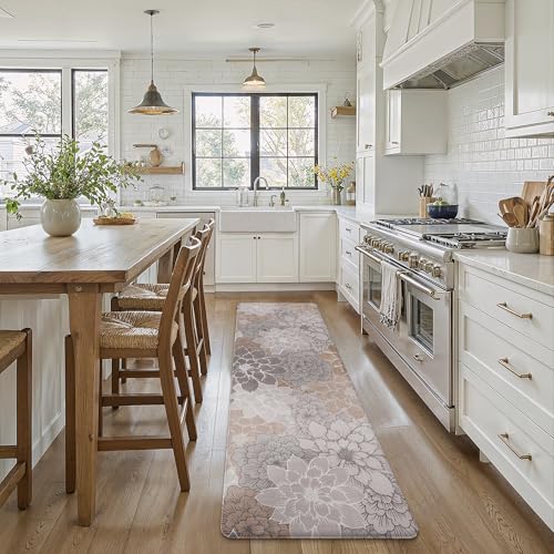 GENIMO Kitchen Mats for Floor, Kitchen Rugs Non Slip Washable, Waterproof Cushioned Anti Fatigue Mat, Floral Runner Rug for Laundry, Sink, Office, Home, 23.6"x71", Taupe Grey - color: Taupe Grey, size: 23.6"x71"