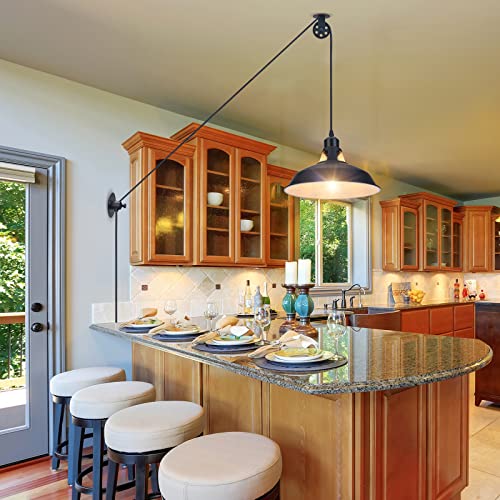 Lomoky Plug in Pulley Pendant Light with 14.76ft Cord On/Off Switch, Industrial Barn Black Hanging Lights with Plug in Cord, Pulley Wall Pendant Lamp for Kitchen Island, Pool Table, Bedroom, 1 Pack - color: Black, size: ‎1 Pack