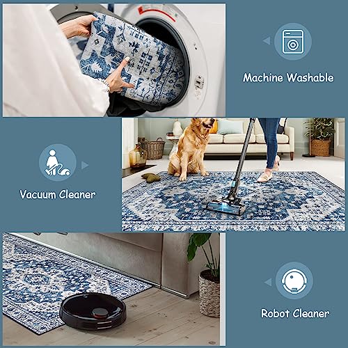 Moynesa Ultra-Thin Washable Runner Rug - 2x6 Blue Laundry Room Rug Washable Kitchen Runners Bathroom Carpet Runner, Oriental Printed Pet Friendly Hallway Runners for Bedroom Entrance Entryway RV - color: Blue, size: 2' x 6'
