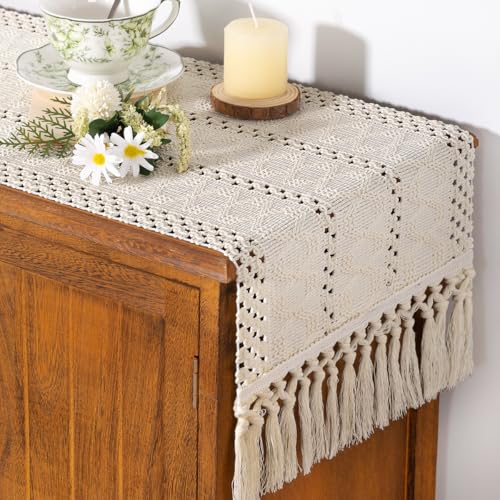 Socomi Boho Table Runner Summer Farmhouse Woven Cotton Linen Rustic Coffee Table Runner with Tassels for Dresser Scarf Home Decor Dining Room 12x90 inch Beige - color: Beige, size: 12" X 90"