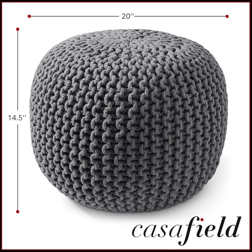 Casafield Round Pouf Ottoman, Dark Gray - 20" Diameter x 14.5" High Cotton Knit Foot Stool - Boho Floor Pouffe for Living Room, Bedroom, Home Office - color: Grey, size: 20"D x 20"W x 14.5"H