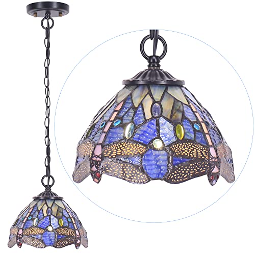 Small Tiffany Pendant Light 8 inch Tiffany Style Stained Glass Pendant Hanging Lamp Small Vintage Hanging Light Fixtures for Home Living Room Restaurant Hallway (Blue Dragonfly Style) - color: Blue Dragonfly Style