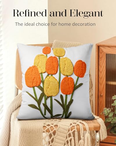 Embroidered Throw Pillow Cover - 18x18 Decorative Pillow Cover with Zipper Aesthetic Cute Design Boho Spring Summer Cozy Throw Pillowcase for Living Room Couch Sofa Bed, Yellow Tulips - color: Yellow, size: 18" x 18" (Pack of 1)