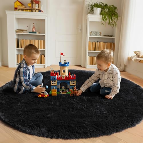 ONASAR Black Round Area Rug 4ft, Soft Bedroom Circle Rugs Floor Mats for Kids Girls Boys Teen Room, Fluffy Plush Shaggy Carpet for Baby Nursery Living Room Playroom Dorm Home Decor - color: Black, size: 4' (Round)