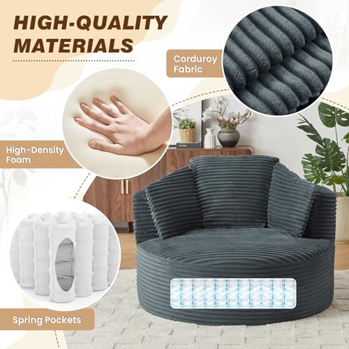 48"W Oversized Round Chaise Longue Chair Indoor,Corduroy Fluffy Comfy Cloud Chair,Circle Bean Bag Sofa with Foam Filling & Pillows,Boneless Reading Cozy Sofa Chairs for Living Room,Bedroom,Dark Grey - color: Dark Grey