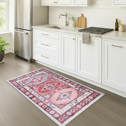 Turkish Rug. Washable Vintage Oriental Antique Inspired Traditional Doormat Small Modern Area Rugs Luxury Entryway Entry Bedroom Bathroom Kitchen (378RR, 2' x 3') - color: 378rr, size: 2' x 3' (Rectangular)
