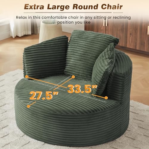48"W Oversized Round Chaise Longue Chair Indoor,Corduroy Fluffy Comfy Cloud Chair,Circle Bean Bag Sofa with Foam Filling & Pillows,Boneless Reading Cozy Sofa Chairs for Living Room,Bedroom,Green - color: Green