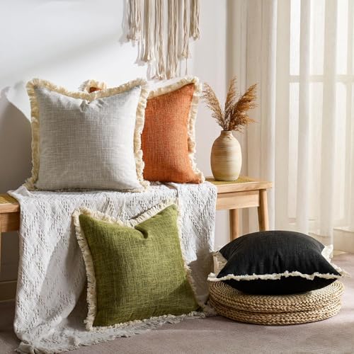 Boho Pillow Covers 16x16 Faux Linen Couch Pillow Covers with Fringe Farmhouse Rustic Decorative Pillows Case Black Square Cushion Covers for Sofa Bedroom Living Room Home Decor Set of 2 - color: Black, size: 16" x 16" (Pack of 2)