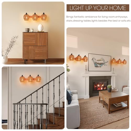 3-Light Rattan Vanity Light Fixtures,Bathroom Lighting Fixtures Over Mirror,Rustic Rattan Lampshade Wood Wall Light Boho Vanity Light Farmhouse Wall Sconces for Kitchen Stairs Bedroom - color: Drum shade