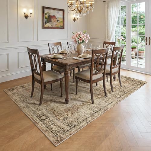 FMFUNCTEX 5x7 Washable Area Rug Brown Neutral Vintage Distressed Oriental Large Non Slip Carpet for Living Room Bedroom Traditional Retro Soft Low Pile Indoor Rugs for Dining Room Office Nursery - color: Brown, size: 5' x 7' (Rectangular)
