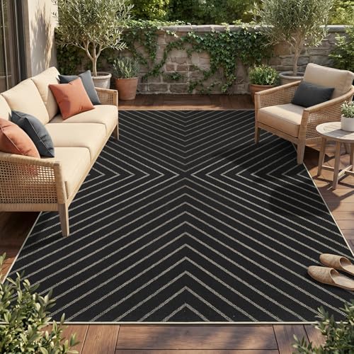 Garvee Easy Jute 9x12 Large Area Rug for Living Room Striped Black Indoor Outdoor Rugs Non Slip Low Pile Patio Outdoor Rugs Washable Carpet for Porch Bedroom Living Room Backyard, 9'x12' - color: Striped|black, size: 9' x 12' (Rectangular)