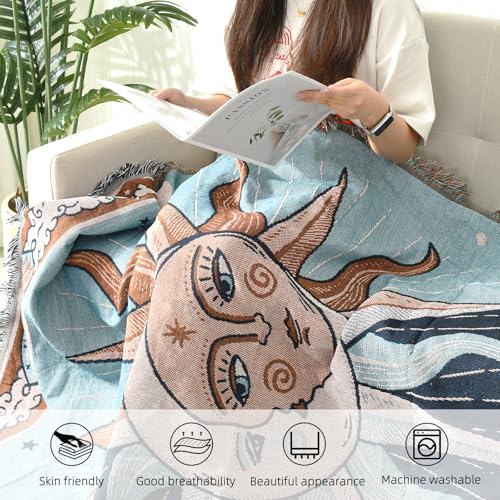 Throw Blanket for Couch, Throw for Bed, Quilt Tapestry, Retro Decor,51"×70" All Season Soft Rustic Blankets with Tassels for Sofa Chair, Drak and Sky Blue Brown Sun Pattern - color: Drak and Sky Blue Brown Sun Pattern, size: 51"×63"