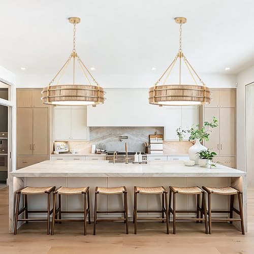 24.8" Boho Rattan Chandelier, 5-Light Large Hand-Woven Rattan Chandeliers with Wicker Shade, Rustic Gold Pendant Light for Dining Room, Living Room, Bedroom, Kitchen, Foyer - size: 24.8 inch