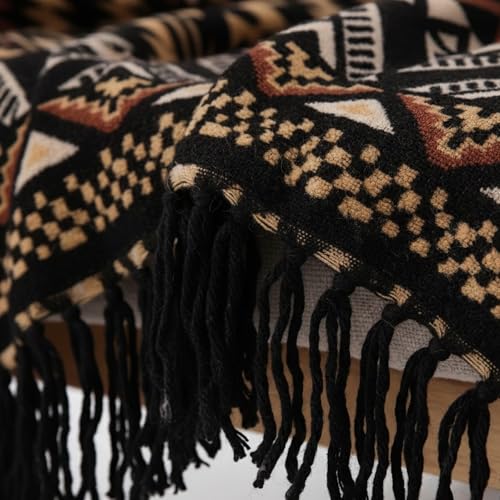 CASAAGUSTO Boho Throw Blanket with Tassel, Farmhouse Western Flannel Bohemian Blanket, Vintage Native Mexican Decorative Throw, Ideal for Gifting (60x80 Inches, Brown Black) - color: Brown Black, size: 60X80