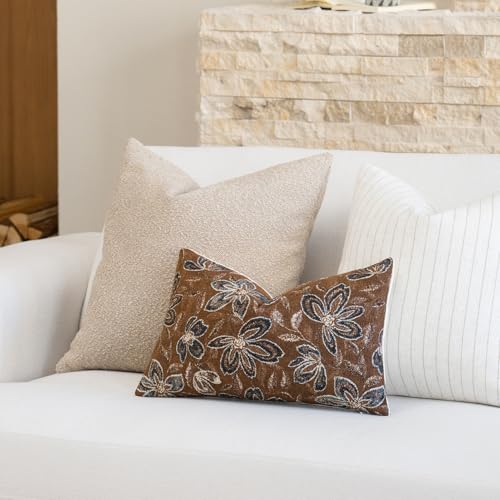 FIOUOVO Floral Throw Pillow Covers 12x20 Set of 2 Farmhouse Pillow Covers Vintage Neutral Accent Pillowcases Decorative Cushion Covers for Sofa Couch Living Room Bedroom Home Decor, Brown - color: Brown, size: 20" x 12" (Pack of 2)