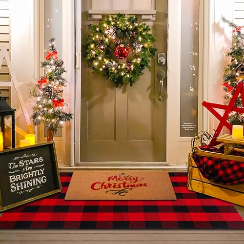Christmas Red and Black Plaid Rug, 3' x 5' Cotton Hand-Woven Layered Door Mat for Front Porch, Entryway, Outdoor Holiday Decor, Washable Buffalo Check Rug for Home, Patio, Kitchen - color: Red & Black Plaid, size: 3' x 5' (Rectangular)