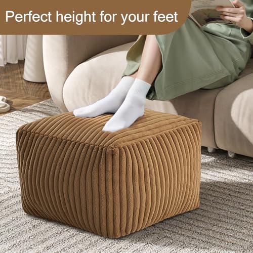 MeMoreCool Square Stuffed Pouf Ottoman Foot Rest, Stripe Furry Floor Pouf Foot Stool with Foam Chunk Filling, Soft Fluffy Stuffed Ottoman Footrest for Living Room, Faux Fur Coffee - color: Ribbed Coffee