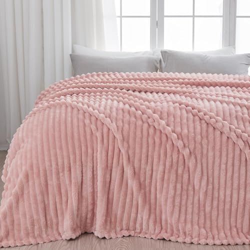 NEWCOSPLAY Super Soft Queen Blanket Pink Premium Silky Flannel Fleece 3D Ribbed Jacquard Lightweight Bed Blanket All Season Use (Pink Ribbed, Queen(90"x90")) - color: Pink Ribbed, size: Queen(90"x90")