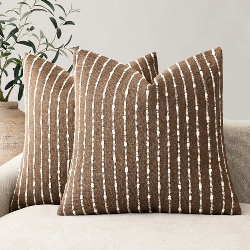 Foindtower Pack of 2 Decorative Jacquard Boucle Throw Pillow Covers Accent Textured Striped Pillowcases Cozy Modern Cushion for Couch Sofa Bedroom Living Room Home Decor 18x18 Inch Brown - color: Brown, size: 18" x 18" (Pack of 2)