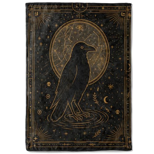 Mystic Raven Fleece Blanket,40x50in,Gothic Gold Line Art Celestial Symbol Occult Throw Blankets,Soft Cozy Lightweight, Ideal for Witchy Bed Living Room Home Decor - color: Raven, size: 40x50 Inch