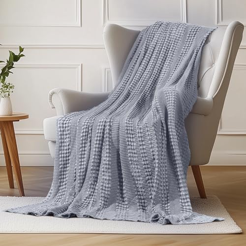 Cooling Cotton Waffle Weave Throw Blanket - Lightweight Breathable Blanket of 50% Rayon Derived from Bamboo for Hot Sleepers, Summer Throws for Couch Bed Sofa, Light Blue, 50"x60"