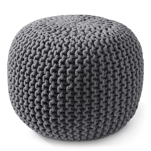 Casafield Round Pouf Ottoman, Dark Gray - 20" Diameter x 14.5" High Cotton Knit Foot Stool - Boho Floor Pouffe for Living Room, Bedroom, Home Office - color: Grey, size: 20"D x 20"W x 14.5"H