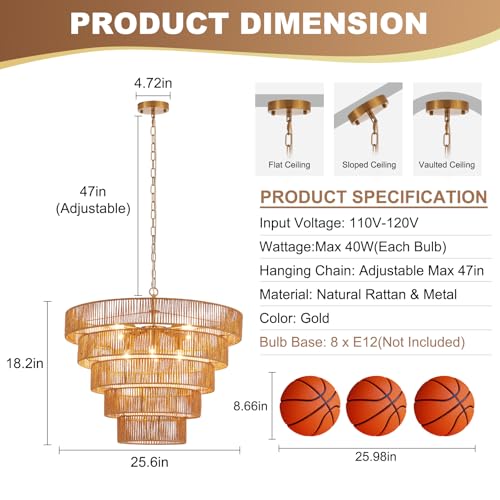 25.6" Large Boho Rattan Chandelier 8-Light Farmhouse Hand-Woven Drum Light Fixture, Vintage Rustic Wicker Rattan Gold Chandelier for Dining Room, Bedroom, Kitchen, Living Room, E12 Base - color: Gold 25IN
