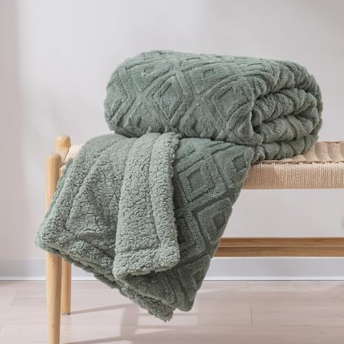 EverGrace Jacquard Boho Sherpa Fleece Throw Blanket for Couch, Super Soft Cozy Fuzzy Plush Blankets for Winter, Reversible Thick Warm Blanket for Bed, Sofa, Living Room, Sage Green, 50" x 60" - color: Sage Green, size: 50x60 Inches