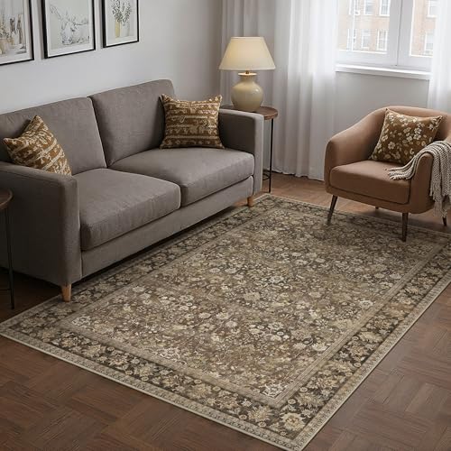 HUGEAR 4x6 Machine Washable Rugs Brown Hallway Area Rug Indoor Accent Rug Floral Low Pile Carpet Soft Throw Rug Bedroom Living Room Office Dining Room Kitchen Laundry Room Non Slip - color: Floral | Brown, size: 4' x 6' (Rectangular)