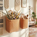 MIPON 2 Pack Handmade Woven Hanging Waterproof Plastic Rattan Wicker Basket | Wall Mounted Organizer, Small & Large Storage, Bathroom, Kitchen, Entryway, Farmhouse Decor