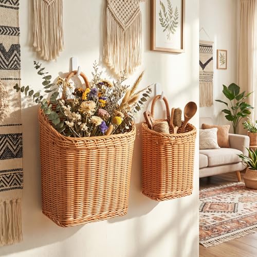 MIPON 2 Pack Handmade Woven Hanging Waterproof Plastic Rattan Wicker Basket | Wall Mounted Organizer, Small & Large Storage, Bathroom, Kitchen, Entryway, Farmhouse Decor