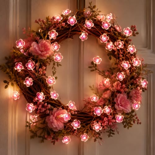 USB/Battery Operated 13ft Copper Wire 40LED Pink Cherry Blossom Fairy Light | Flower-Shaped Fairy Lights String – Indoor & Outdoor Hanging Decor for Valentine's Day, Mother's Day, Wedding Parties - color: 13ft Pink Flower Lights