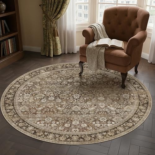 HUGEAR Round Rug 5ft Entryway Rugs Machine Washable Brown Hallway Area Rug 5x5 Small Circle Accent Rug Floral Low Pile Carpet Soft Throw Rug Living Room Office Laundry Room Entrance Non Slip - color: Floral | Brown, size: 5' (Round)