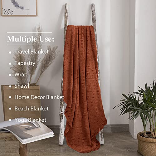 Simple&Opulence 100% Cotton Throw Blanket for Bed, Couch, Boho Luxury Geometric Woven Blanket with Tassels Soft Lightweight Cozy Breathable, Vintage Farmhouse Decoration for All-Season(Rust Orange) - color: Rust Orange