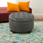 HomePop 25" Button Tufted Round Storage Ottoman - Gray Faux Leather - color: Grey
