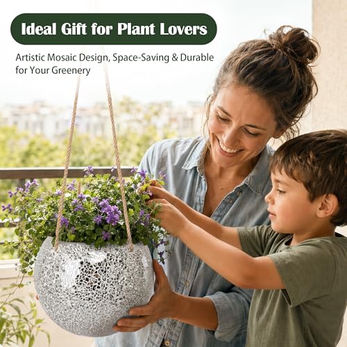 Hanging Planter Mosaic Garden Pot Small Flower Pot for Indoor Plant Disco Ball Hanging Planter with Drainage Sliver - color: Silver