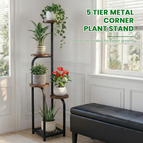 TOSKING 5 Tier Metal Anti-Tip Plant Stand indoor, Wide Base for Pots, Child and Pet Friendly ,Heavy Duty Plant Shelf ,Corner Shelf, Flower Pot Stand for Multiple Plants, Indoor Plants Tiered Stand for Living Room Balcony Garden Patio Bedroom(Black and Bro