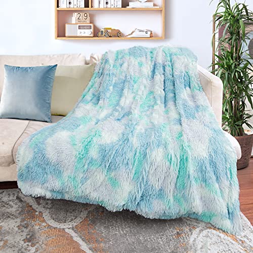 Tuddrom Decorative Extra Soft Faux Fur Throw Blanket,Solid Reversible Fuzzy Lightweight Long Hair Shaggy Blanket,Fluffy Cozy Plush Fleece Comfy Microfiber Fur Blanket for Couch Sofa Bed,Tie Dye Blue - color: Tie Dye Blue, size: Throw-50" x 60"