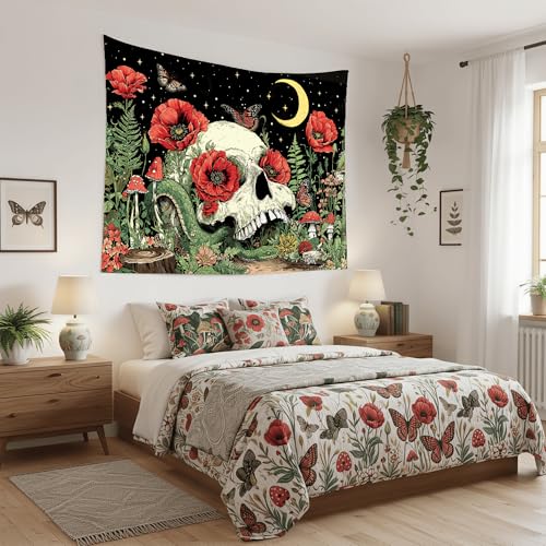 Accnicc Floral Skull Tapestry Vintage Flower Gothic Skeleton Tapestries Wall Hanging Mushroom Butterfly Plant Snake Horror Large Tapestry for Bedroom Living Room Dorm 80 x 60 inch - color: Red Green, size: 80"L x 60"W