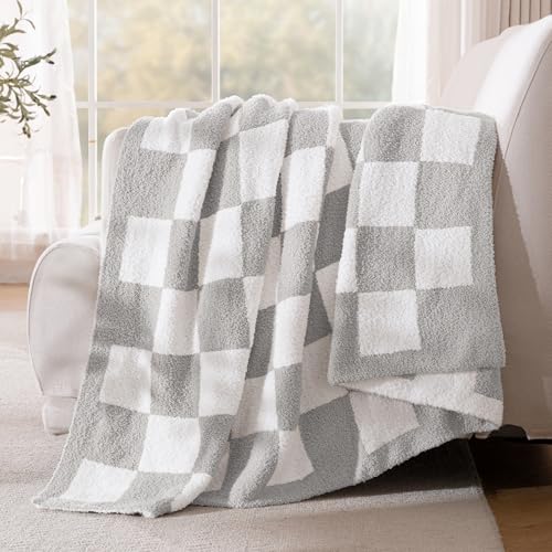 Exclusivo Mezcla Checkered Twin Size Knit Blanket for Bed, Ultra Soft and Warm Reversible Woven Blankets, Cozy Snuggly Throw for Couch Bed and Home Decor, Light Grey, 60"x80" - color: Light Grey, size: Twin (60"x80")