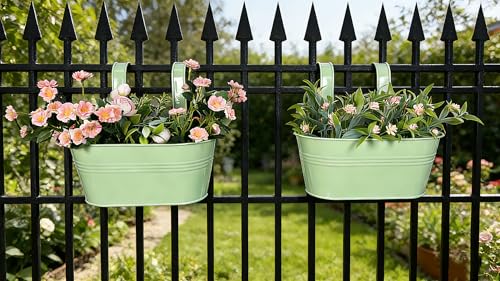 Balcony Hanging Planters Flower Pots, 10" Metal Flower Pots for Outdoor Balcony Rails, Fence Pot Hanging Plant Holders with Detachable Hooks for Garden Patio Yard Decor (Mint Green, 2Pcs) - color: Mint Green